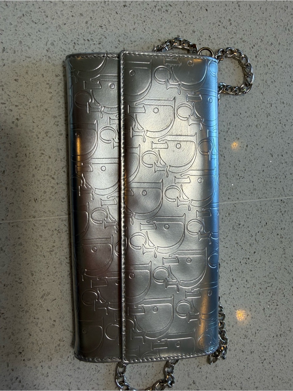 Vintage Christian Dior Silver Embossed Chain Crossbody Wallet Metallic Silver